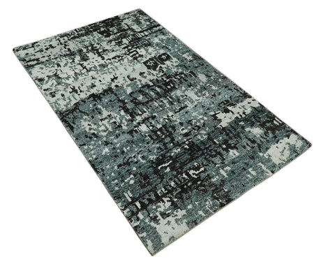 Hand Knotted 5x8 Ivory, Teal and Black Modern Abstract Recycled Silk Area Rug