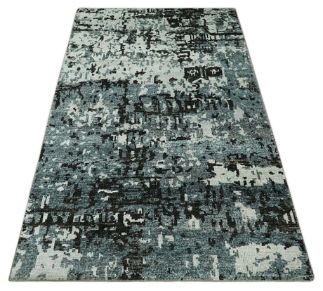 Hand Knotted 5x8 Ivory, Teal and Black Modern Abstract Recycled Silk Area Rug