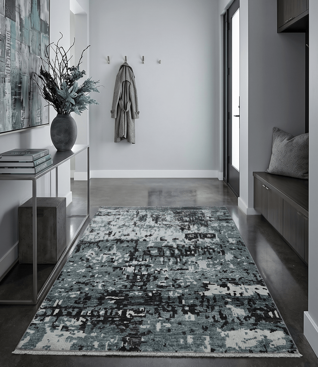 Hand Knotted 5x8 Ivory, Teal and Black Modern Abstract Recycled Silk Area Rug