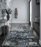 Hand Knotted 5x8 Ivory, Teal and Black Modern Abstract Recycled Silk Area Rug