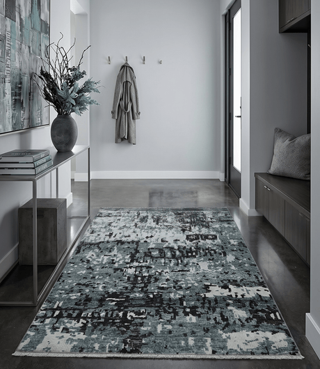 Hand Knotted 5x8 Ivory, Teal and Black Modern Abstract Recycled Silk Area Rug
