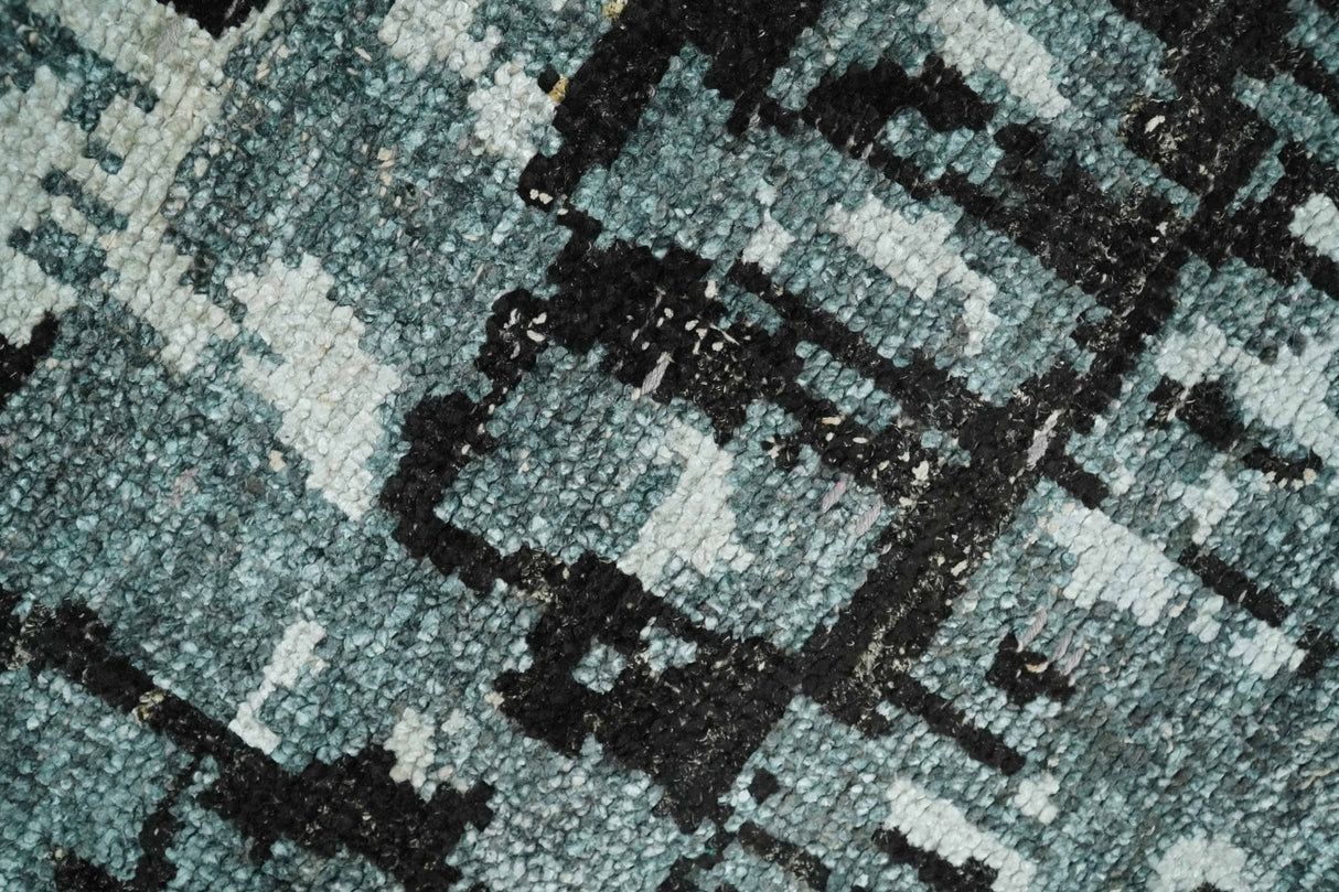 Hand Knotted 5x8 Ivory, Teal and Black Modern Abstract Recycled Silk Area Rug