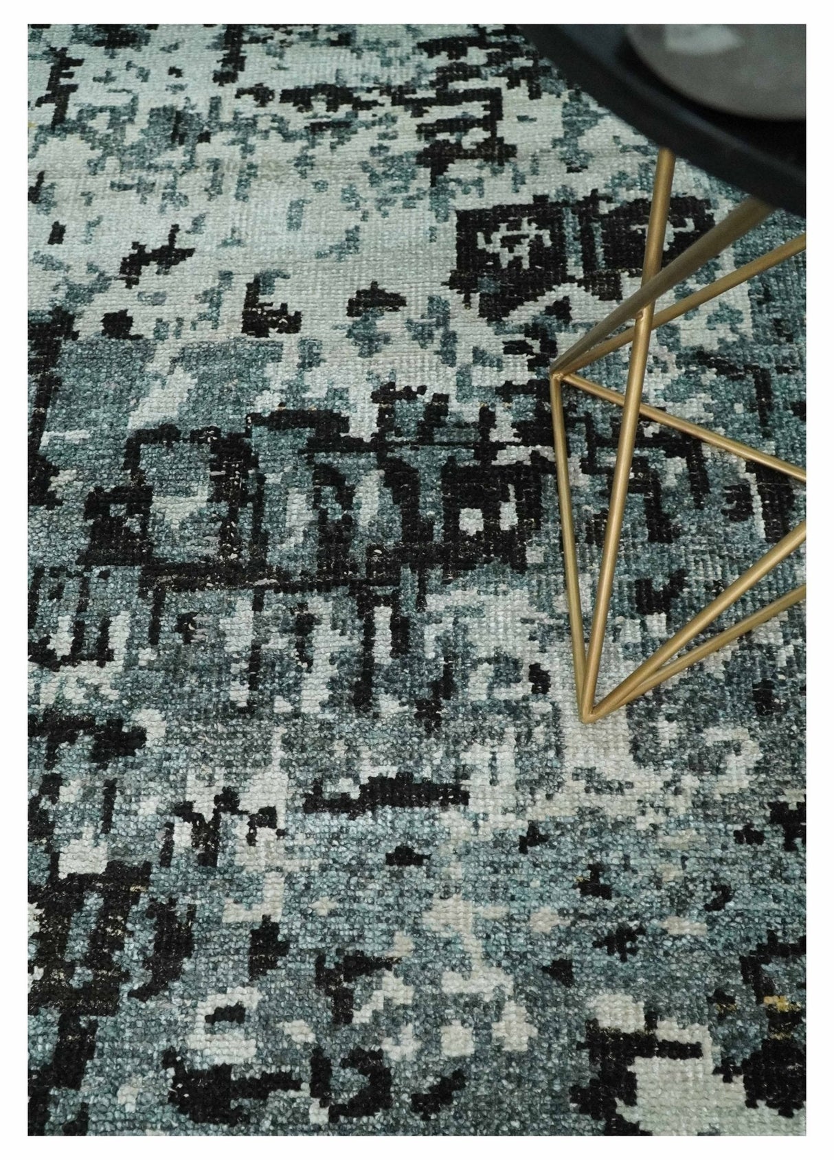 Hand Knotted 5x8 Ivory, Teal and Black Modern Abstract Recycled Silk Area Rug
