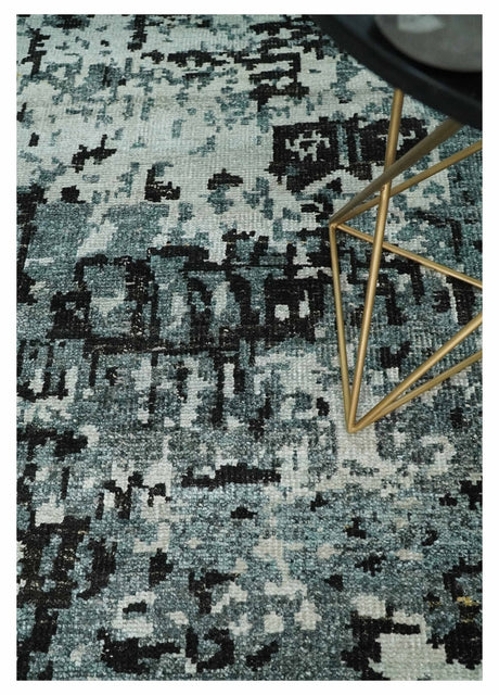 Hand Knotted 5x8 Ivory, Teal and Black Modern Abstract Recycled Silk Area Rug