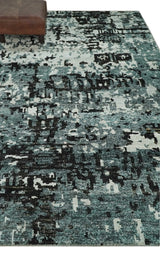 Hand Knotted 5x8 Ivory, Teal and Black Modern Abstract Recycled Silk Area Rug