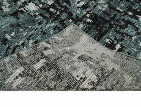 Hand Knotted 5x8 Ivory, Teal and Black Modern Abstract Recycled Silk Area Rug