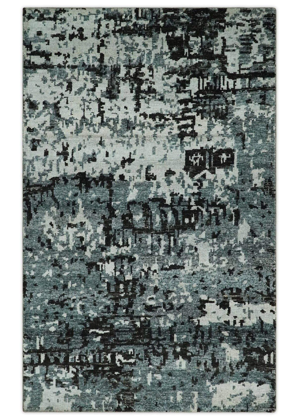 Hand Knotted 5x8 Ivory, Teal and Black Modern Abstract Recycled Silk Area Rug