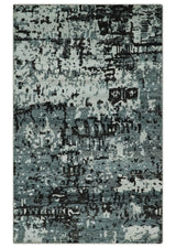 Hand Knotted 5x8 Ivory, Teal and Black Modern Abstract Recycled Silk Area Rug