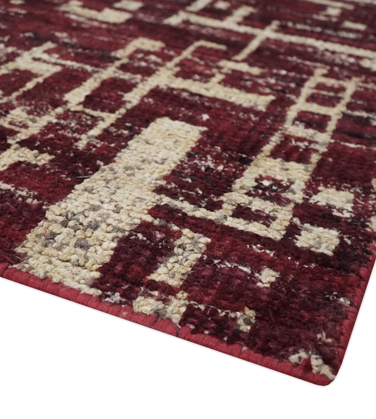 Hand Knotted 5x8 Maroon and Beige Modern Abstract Contemporary Recycled Silk Area Rug