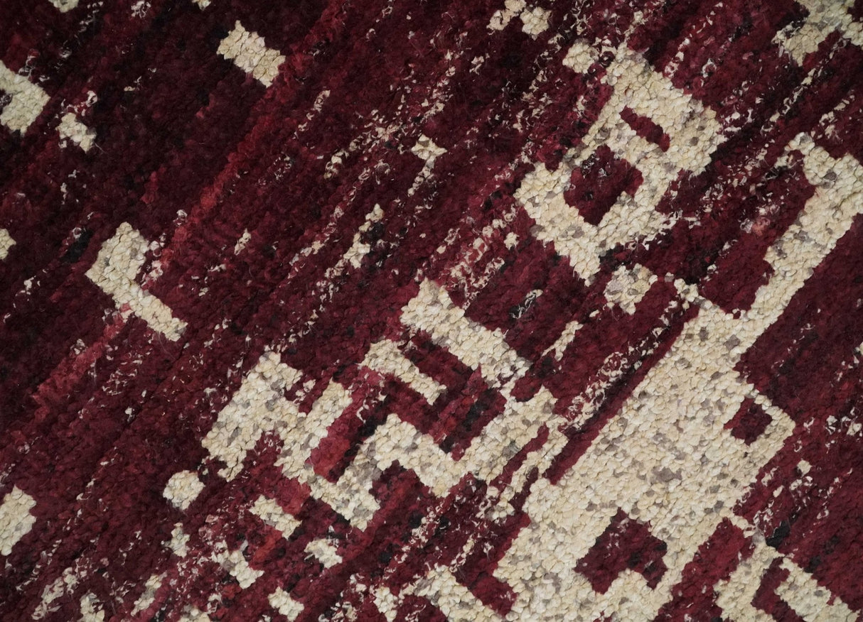 Hand Knotted 5x8 Maroon and Beige Modern Abstract Contemporary Recycled Silk Area Rug