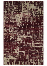 Hand Knotted 5x8 Maroon and Beige Modern Abstract Contemporary Recycled Silk Area Rug