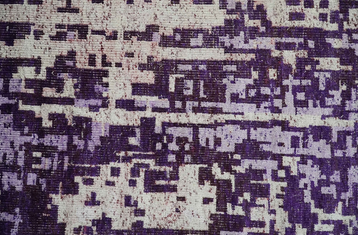 Hand Knotted 5x8 Purple, and Ivory Modern Abstract Recycled Silk Area Rug