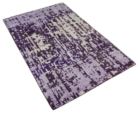 Hand Knotted 5x8 Purple, and Ivory Modern Abstract Recycled Silk Area Rug