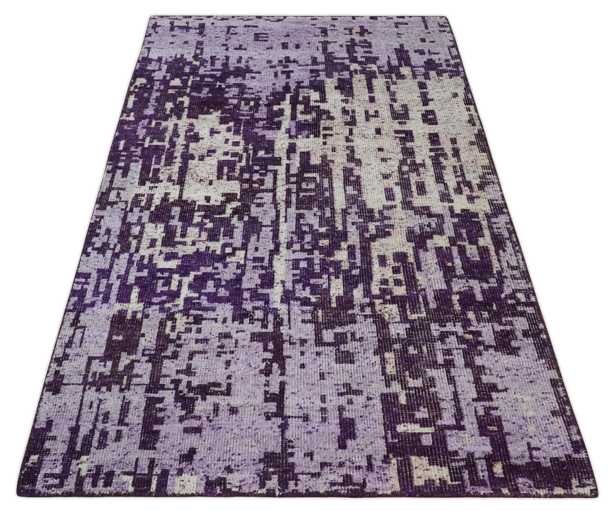Hand Knotted 5x8 Purple, and Ivory Modern Abstract Recycled Silk Area Rug