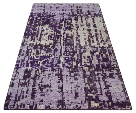 Hand Knotted 5x8 Purple, and Ivory Modern Abstract Recycled Silk Area Rug