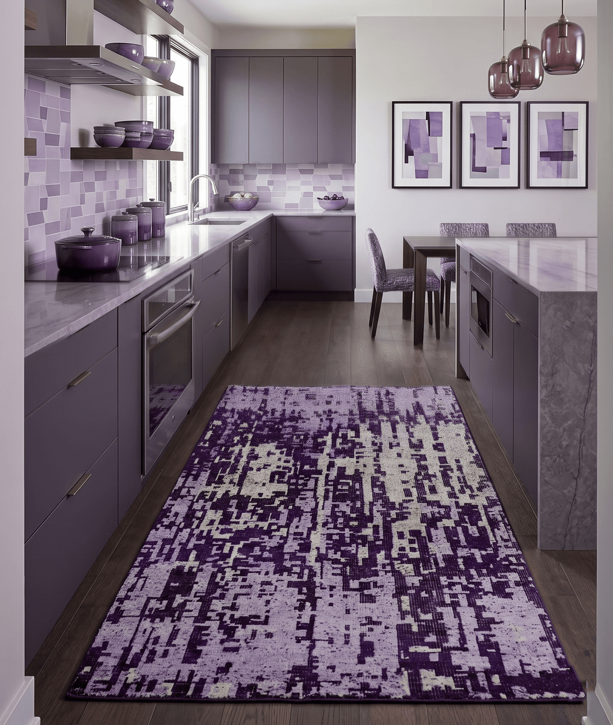 Hand Knotted 5x8 Purple, and Ivory Modern Abstract Recycled Silk Area Rug
