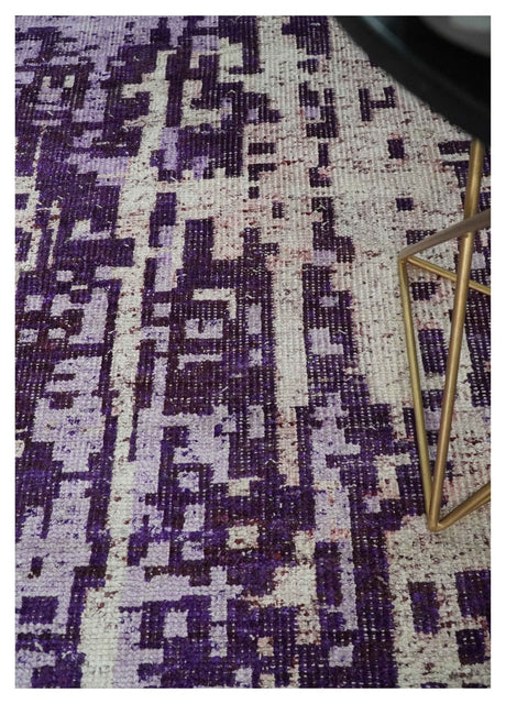 Hand Knotted 5x8 Purple, and Ivory Modern Abstract Recycled Silk Area Rug