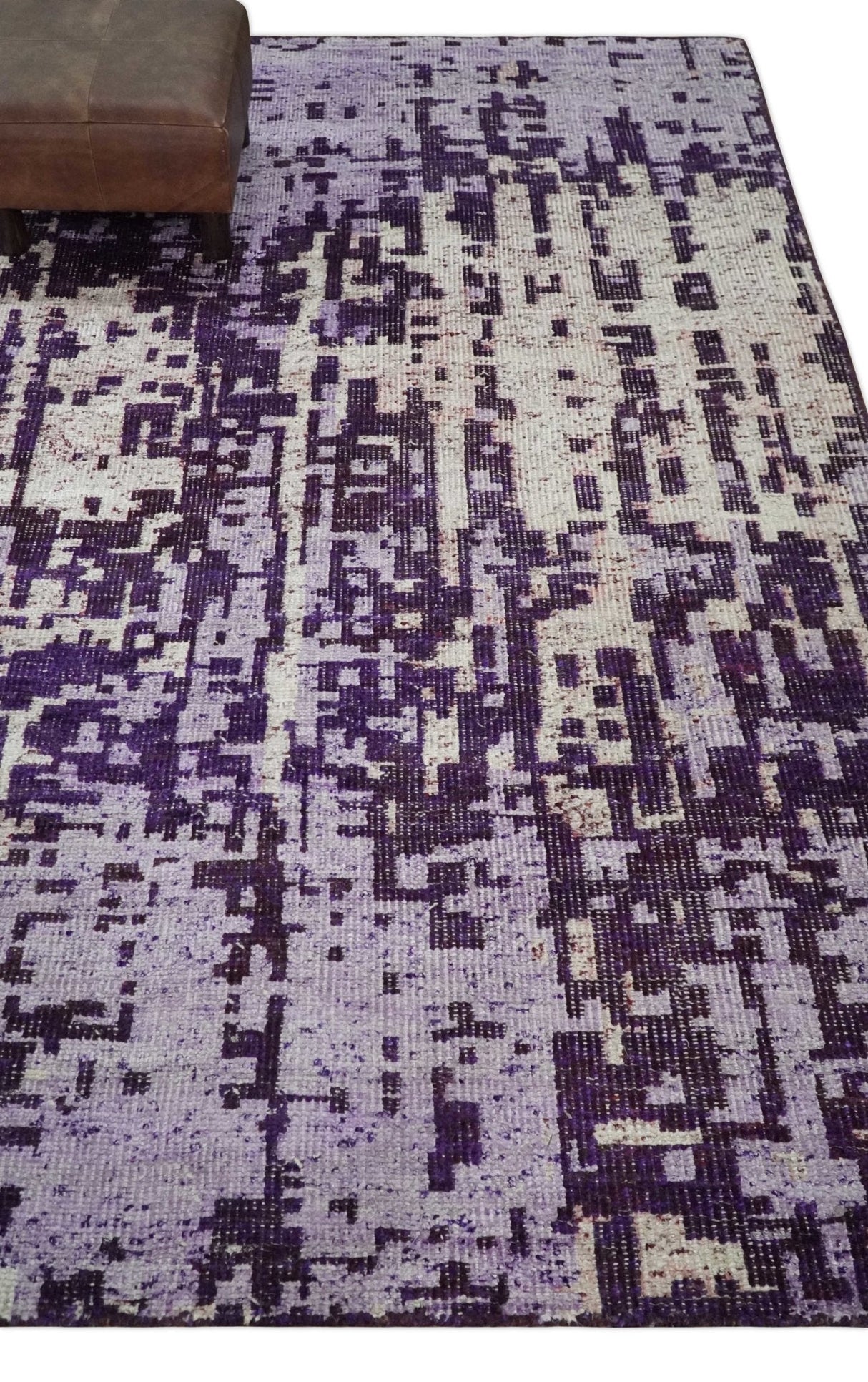 Hand Knotted 5x8 Purple, and Ivory Modern Abstract Recycled Silk Area Rug