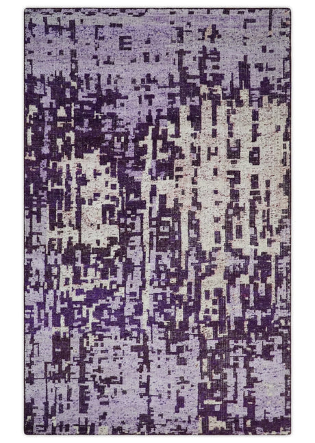 Hand Knotted 5x8 Purple, and Ivory Modern Abstract Recycled Silk Area Rug