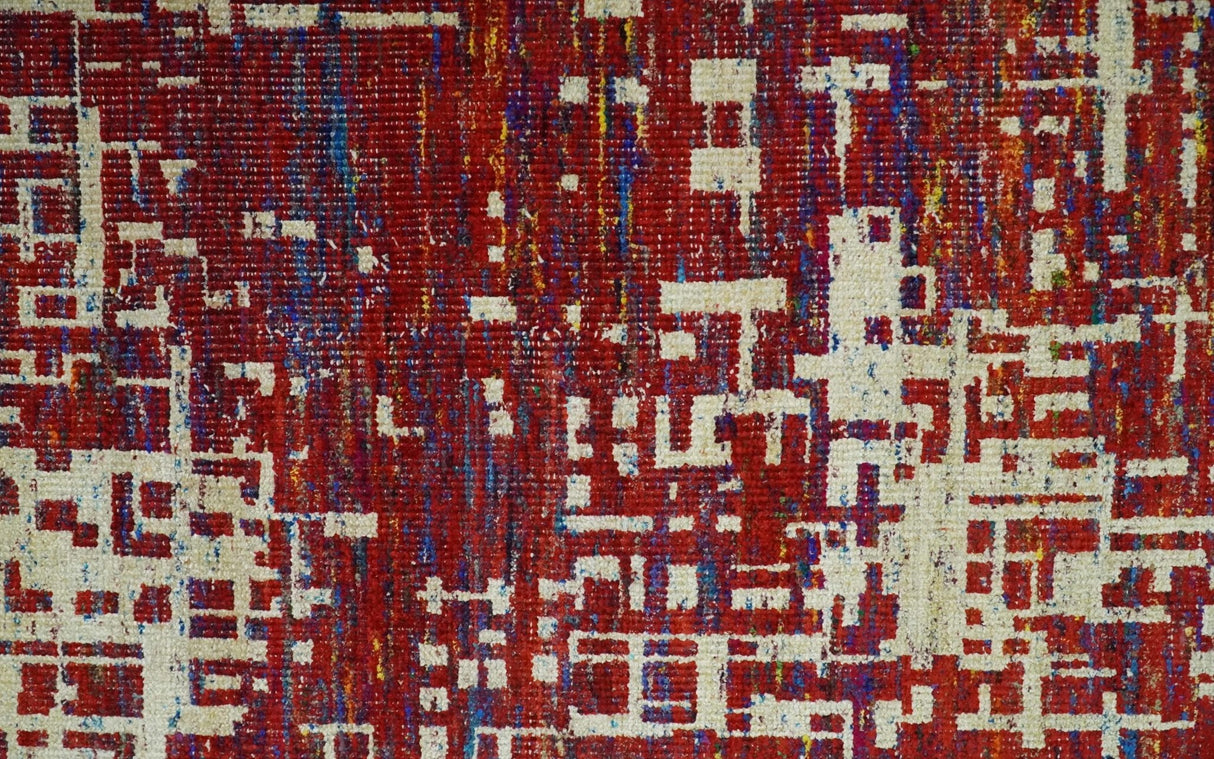 Hand Knotted 5x8 Rust and Blue Modern Abstract Recycled Silk Area Rug