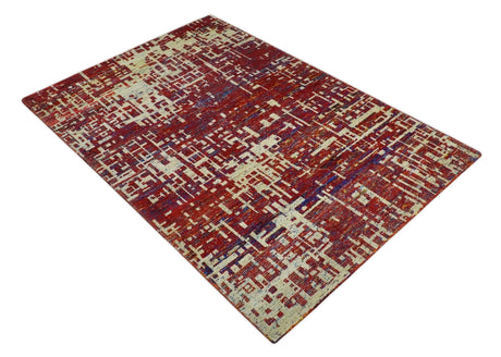 Hand Knotted 5x8 Rust and Blue Modern Abstract Recycled Silk Area Rug