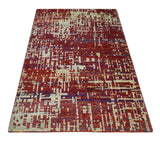 Hand Knotted 5x8 Rust and Blue Modern Abstract Recycled Silk Area Rug