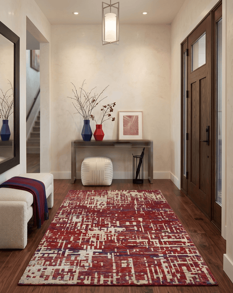 Hand Knotted 5x8 Rust and Blue Modern Abstract Recycled Silk Area Rug