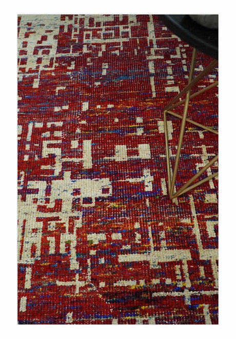 Hand Knotted 5x8 Rust and Blue Modern Abstract Recycled Silk Area Rug
