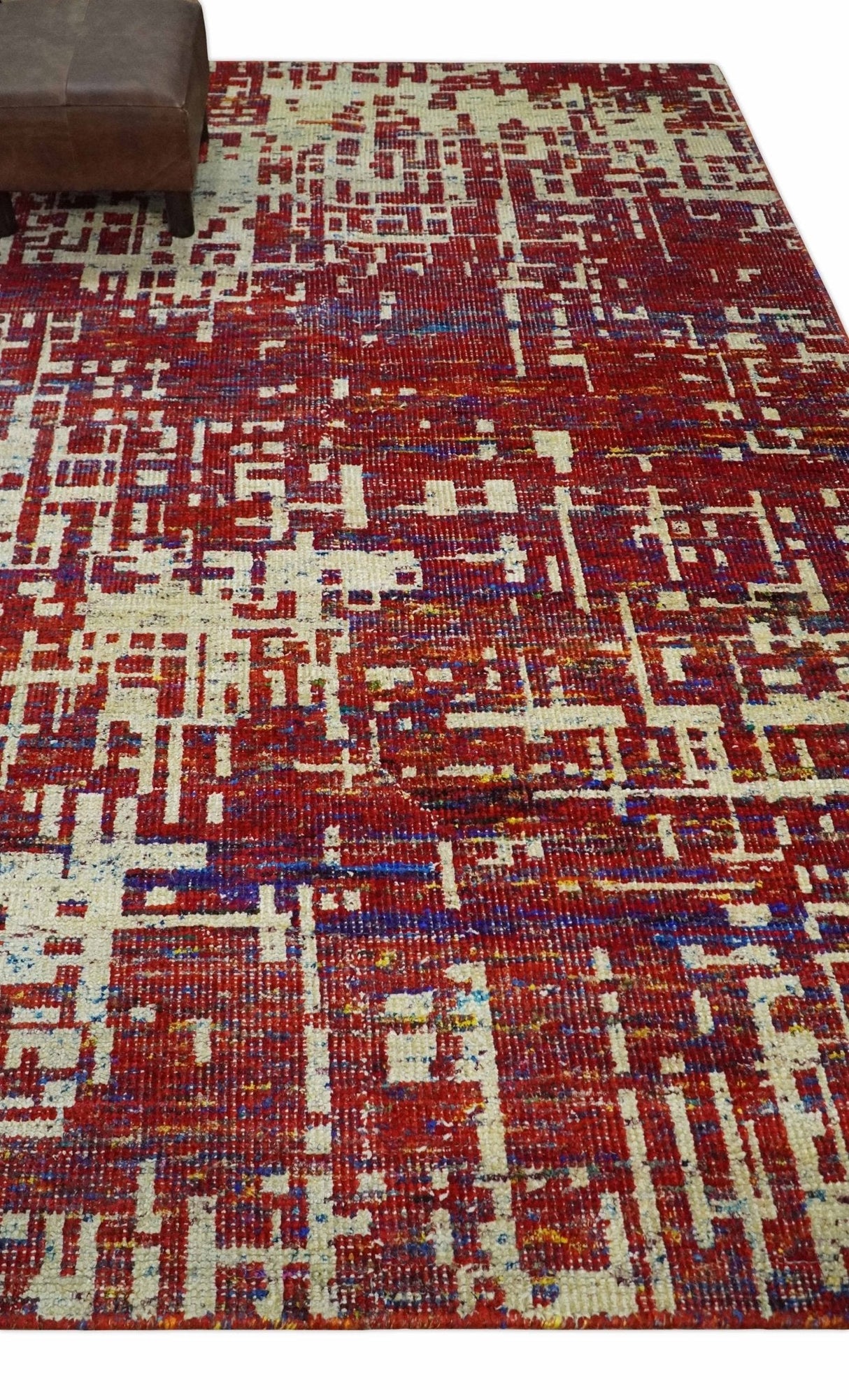 Hand Knotted 5x8 Rust and Blue Modern Abstract Recycled Silk Area Rug