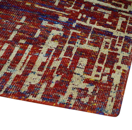 Hand Knotted 5x8 Rust and Blue Modern Abstract Recycled Silk Area Rug