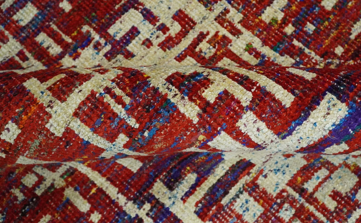 Hand Knotted 5x8 Rust and Blue Modern Abstract Recycled Silk Area Rug