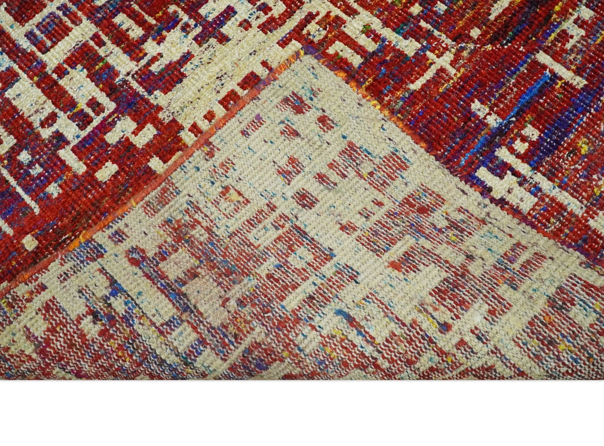 Hand Knotted 5x8 Rust and Blue Modern Abstract Recycled Silk Area Rug