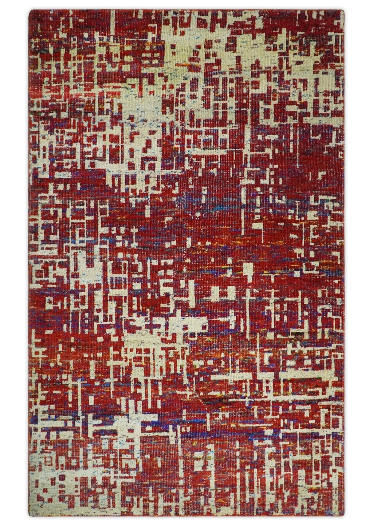 Hand Knotted 5x8 Rust and Blue Modern Abstract Recycled Silk Area Rug
