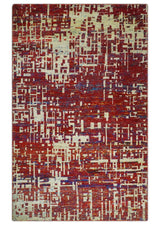 Hand Knotted 5x8 Rust and Blue Modern Abstract Recycled Silk Area Rug
