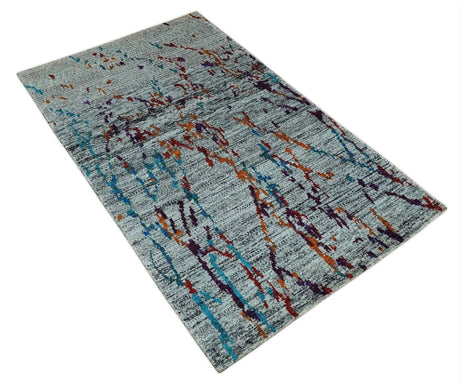 Hand Knotted 5x8 Silver, Red and Gold Modern Abstract Recycled Silk Area Rug