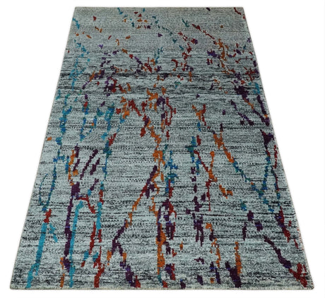 Hand Knotted 5x8 Silver, Red and Gold Modern Abstract Recycled Silk Area Rug
