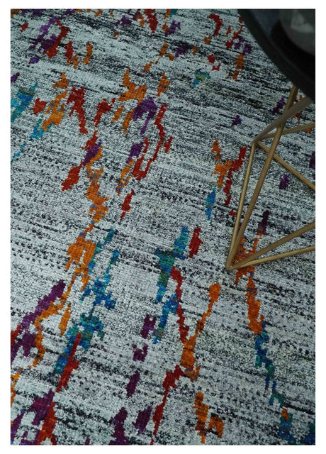Hand Knotted 5x8 Silver, Red and Gold Modern Abstract Recycled Silk Area Rug