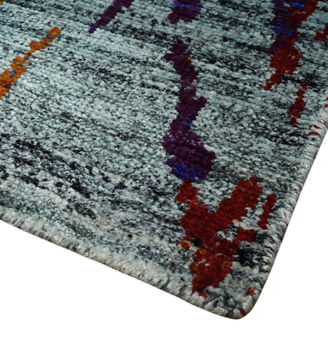 Hand Knotted 5x8 Silver, Red and Gold Modern Abstract Recycled Silk Area Rug