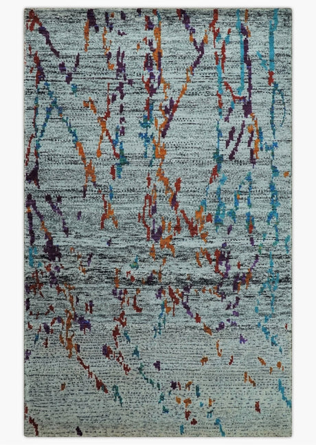 Hand Knotted 5x8 Silver, Red and Gold Modern Abstract Recycled Silk Area Rug