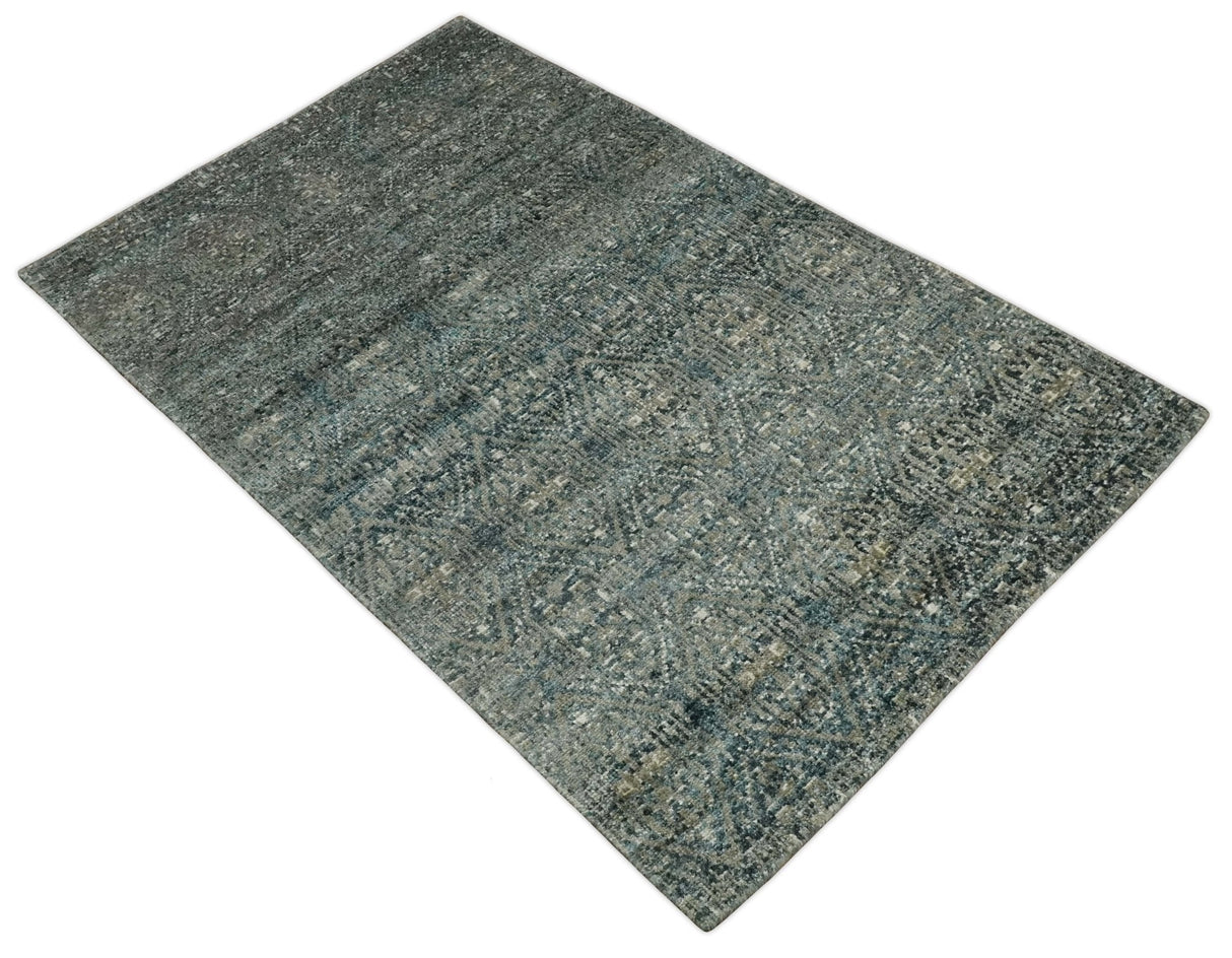 Hand Knotted 5x8 Teal and Ivory Contemporary Bamboo Silk Area Rug