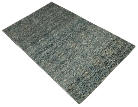 Hand Knotted 5x8 Teal and Ivory Contemporary Bamboo Silk Area Rug