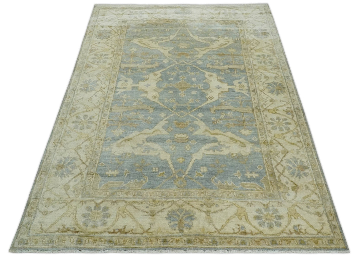 Hand Knotted 6x9 Oriental Oushak Silver and Beige Turkish Style Wool Area Rug