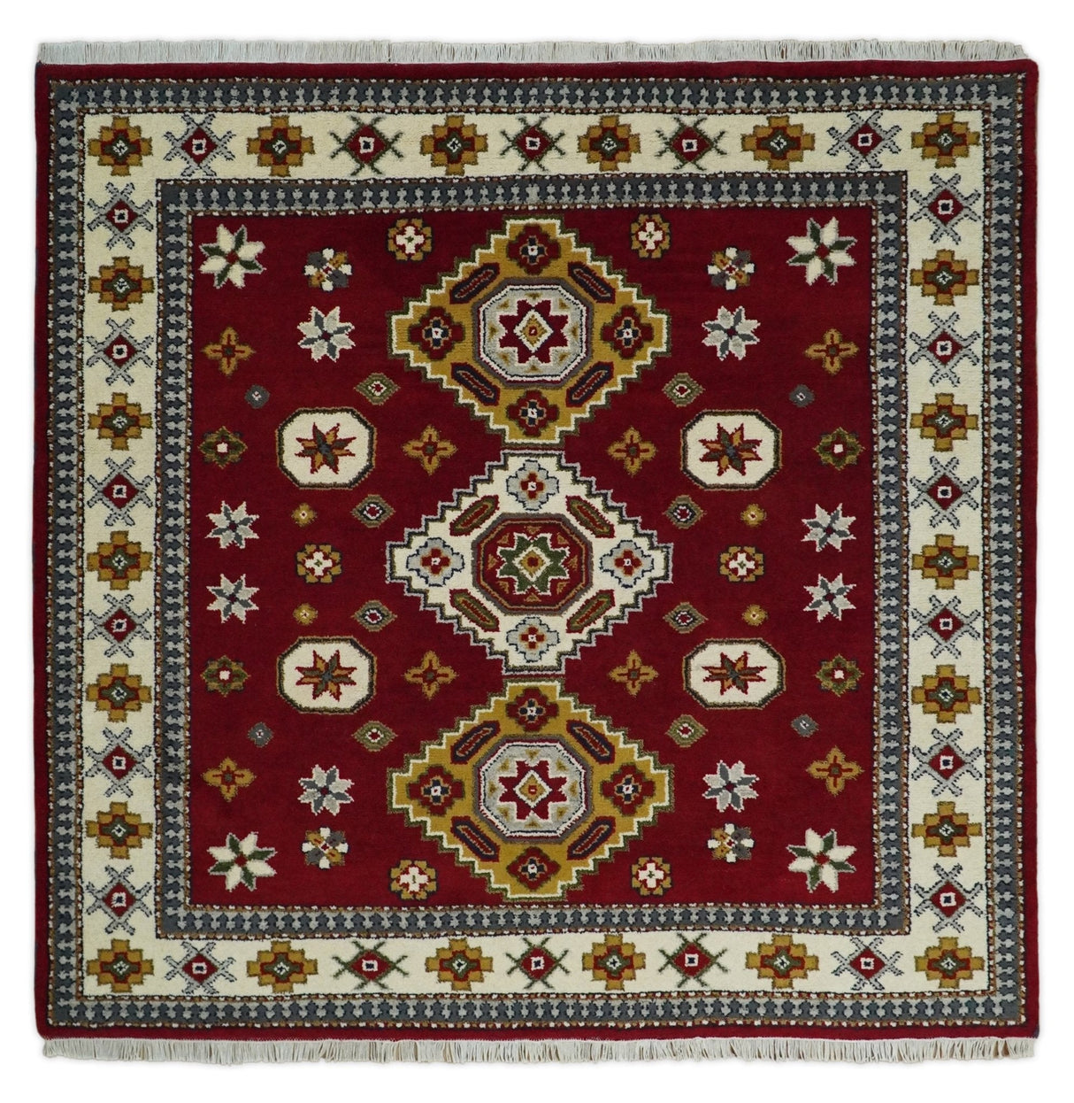 Hand Knotted 7x7 Traditional Kazak Maroon and Ivory Wool Area Rug