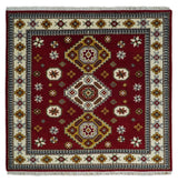 Hand Knotted 7x7 Traditional Kazak Maroon and Ivory Wool Area Rug