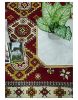 Hand Knotted 7x7 Traditional Kazak Maroon and Ivory Wool Area Rug