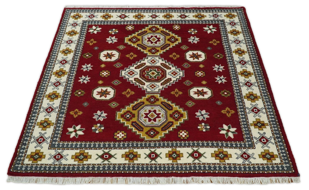 Hand Knotted 7x7 Traditional Kazak Maroon and Ivory Wool Area Rug