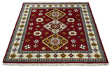 Hand Knotted 7x7 Traditional Kazak Maroon and Ivory Wool Area Rug