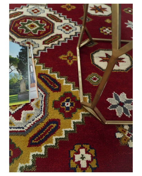 Hand Knotted 7x7 Traditional Kazak Maroon and Ivory Wool Area Rug