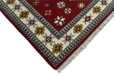Hand Knotted 7x7 Traditional Kazak Maroon and Ivory Wool Area Rug