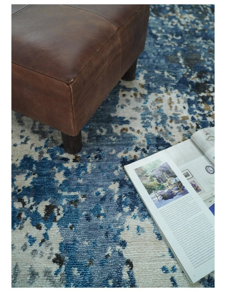 Hand Knotted 8x10 Blue and Ivory Modern Abstract Bamboo Silk Area Rug